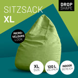 LUMALAND Luxury XL Sitzsack stylischer Beanbag in Grün, 120L Füllung, Micro-Velours Look, Indoor, Drop Shape Design.
