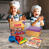 Kinderleichte Becherküche Buch - Band 9 mit messbechern, kuchenbox und zwei Kindern beim Backen.
