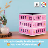 EASYmaxx LED-Leuchtkasten Würfel mit 173 Buchstaben & 150 Moodjis für individuelle bunte Textbotschaften und Farbwechsel-LED-Licht.