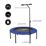 MAXXMEE Fitness Trampolin blau/schwarz mit höhenverstellbarer Haltestange für stabilen Halt und gelenkschonendes Training bis 100 kg.