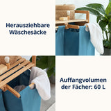 LUMALAND Bambus Wäschekorb mit 2 ausziehbaren Wäschesäcken, 60 L Fassungsvermögen, stilvoll und pflegeleicht in Blau.