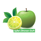 Grüner Apfel und Zitrone mit Blättern, darunter der deutsche Text „Apfel-Zitronen-Duft“.