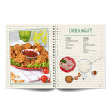 Kinderleichte Becherküche Set inkl. Messbecher-Set - Band 4 mit Rezept für Chicken Nuggets und Zutatenübersicht auf bebilderter Doppelseite.