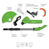 GARVIDA Akku-Rasentrimmer mit Kabelbindern und Trimmerfäden, inkl. Schutzblende, Kantenführung und höhenverstellbarem Griff in grün.