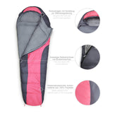 Where Tomorrow Camping Schlafsack Classic Mumienschlafsack Pink mit wasserabweisendem Außenmaterial und Kordelzug-Kragen.