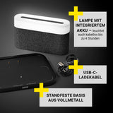 N8WERK Nachttischlampe mit Wireless Charger, integrierter Akku, USB-C-Ladekabel und standfeste Vollmetallbasis.