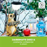 EASYmaxx Solarleuchte Erdmännchen mit Laterne und "Welcome"-Schild, solarbetrieben mit LED-Licht und Dämmerungssensor.