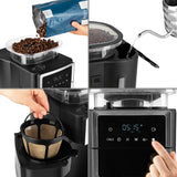 FRESH-AROMA-PERFECT III Filterkaffeemaschine mit Mahlwerk zeigt Bohnenbefüllung, Wassertank, Filtereinsatz und digitales Touch-Display.