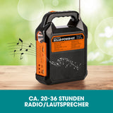 EASYmaxx Solar-Generator Kit 10000mAh schwarz/orange mit Radio, Lautsprecher, Taschenlampe und Solar-Aufladung.