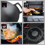 LANDMANN Grillwok aus emailliertem Gusseisen, flexibel für Gas- und Holzkohlegrills, ideal für asiatische Gerichte und einfache Reinigung.