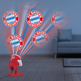 LED-Motivstrahler Projektor FC BAYERN MÜNCHEN projiziert rotierendes FCB-Logo innen und außen, wetterbeständig, mit Erdspieß und Indoor-Sockel.