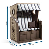 Hoberg 2-Sitzer-Strandkorb mit Bullaugen, Hartholz, PE-Geflecht, verstellbar, inklusive Nackenrollen und Fußbank, 160x120x80 cm.