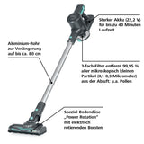 CLEANmaxx Akku-Zyklon-Staubsauger anthrazit/türkis mit 3-fach-Filter, Power Rotation Düse und Aluminium-Rohr bis 80 cm.