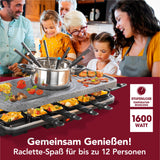 GOURMETmaxx Raclette- & Fondue-Set GRANITlook schwarz mit 1600W, stufenloser Temperaturregelung und Platz für bis zu 12 Personen.