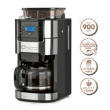 Barista Kaffeemaschine mit Mahlwerk, 24-Stunden-Timer, LCD-Display, Glaskanne für 12 Tassen und waschbarer Permanentfilter.