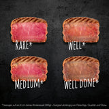 MAXXMEE Kontakt-Grill mit 6 Programmen zeigt verschiedene Garstufen von Steaks von Rare bis Well Done auf schwarzem Hintergrund.