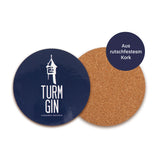TURM GIN Untersetzer Kork - blau mit Logo, rutschfester Kork, schützt Tischflächen, Durchmesser 10 cm, typisches TURM GIN Design.