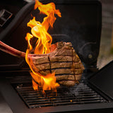 LANDMANN Gasgrill Triton 2.1 MaxX - 121 cm schwarz mit Flammen und gegrilltem Steak auf emailliertem Gussrost.