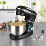 GOURMETmaxx Küchenmaschine schwarz mit 6 Geschwindigkeitsstufen, Turbofunktion, Edelstahl-Rührschüssel und Zubehör wie Knethaken und Schneebesen.