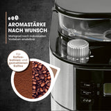 Barista Kaffeemaschine mit Mahlwerk, einstellbare Aromastärke und Mahlgrad für frisch gemahlenen Kaffee aus Bohnen oder Pulver.