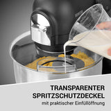 N8WERK Küchenmaschine in der Midnight Edition mit transparentem Spritzschutzdeckel und praktischer Einfüllöffnung aus Edelstahl.