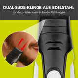 MAXXMEE 4 in1 Rasierer Set mit Dual-Slide-Klinge aus Edelstahl für präzises Trimmen und Rasieren in beide Richtungen schwarz/grün.