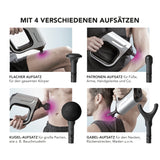 MAXXMEE Intensiv-Massagegerät schwarz/silber mit 3 Geschwindigkeitsstufen und 4 Aufsätzen für vielseitige Muskelmassage.