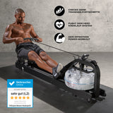FitEngine Wasser-Rudergerät - Black mit Water-Widerstand, ergonomischem Sitz und Display für effektives Ganzkörpertraining.