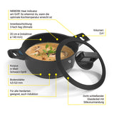 N8WERK Aluguss-Kochtopf 20 cm mit Heat Indicator, 3-fach Ilag-Ultimate-Beschichtung, Silikon-Glasdeckel, Induktion geeignet, Matt-Schwarz.