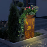 EASYmaxx LED-Dekosäule mit Planzschale Rost-Optik "Bauernrose" mit beleuchteten floralen Mustern, 87 cm hoch, ideal für Garten und Terrasse.