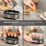 GOURMETmaxx Eierkocher für 6 Eier aus Edelstahl mit transparentem Deckel, Messbecher und praktischem Eierhalter für einfache Bedienung.