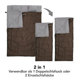 Doppelschlafsack mit Tragetasche - 2-Personen Schlafsack - 190 x 150 cm - Braun, wasserabweisend und teilbar als Einzelschlafsäcke.