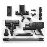 N8WERK Akku-Staubsauger mit Touch Display und automatischer Schmutzerkennung inklusive Zubehör und Ladestation, komplett zerlegt dargestellt.