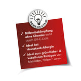 MAXXMEE Akku-Milben-Handstaubsauger mit UV-C Licht zur chemiefreien Milbenbekämpfung und Reinigung von Matratzen und Polstern.