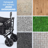 EASYmaxx Bollerwagen mit Dach faltbar anthrazit/schwarz mit 360° drehbaren Vorderrädern für fast jeden Untergrund geeignet.