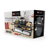 MAXXMEE Raclette- & Fondue-Set mit Fondue-Topf, 6 Gabeln, 8 Pfännchen und 2-in-1 Grillplatte für fettarmen Genuss.