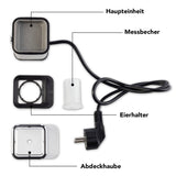 GOURMETmaxx Eierkocher für 1 Ei silber/schwarz mit Hauptgerät, Messbecher, Eierhalter und Abdeckhaube in kompakter Bauweise.