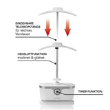 CLEANmaxx Hemdenbügler PRO Weiß/Silber mit Heißluftfunktion, Teleskopstange und Timer für automatisches Trocknen & Bügeln.