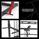 FitEngine Power Rack mit verstellbaren Spottern, Latzug, Kabelzug und Klimmzugstange für vielseitiges Training bis 130 kg.