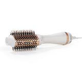 VITALmaxx Heißluft-Stylingbürste in Weiß und Roségold, rund mit Bürstenkopf, Föhnt, bürstet und wellt die Haare.