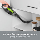 CLEANmaxx Akku-Handstaubsauger mit Autoadapter grün/grau mit flexiblem Verlängerungsschlauch für schwer erreichbare Ecken.