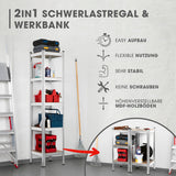 EASYmaxx 2 in 1 Schwerlastregal & Werkbank, stabile Metallkonstruktion mit 5 höhenverstellbaren MDF-Platten, einfache Steckmontage ohne Schrauben.