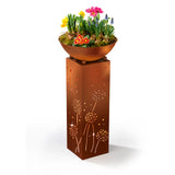 EASYmaxx LED-Dekosäule mit Pflanzschale in Rost-Optik braun mit Pusteblumen-Design und warmweiß leuchtenden LEDs.