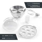 GOURMETmaxx Eierkocher für 7 Eier weiß, mit herausnehmbarem Eierhalter, Messbecher und transparentem Deckel mit Dampfauslass.