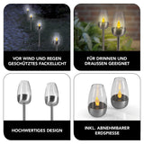 MAXXMEE Solar-Fackel 2er-Set silber mit Flammeneffekt, wetterfest, Solarpanel, Dämmerungssensor, für Garten, Terrasse und Balkon.