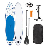 EASYmaxx Stand-Up Paddle-Board mit Zubehör in weiß/blau, inkl. Paddel, Luftpumpe, Tasche, Finnen und Reparatur-Kit.