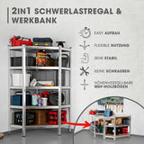 EASYmaxx Schwerlast-Eckregal & Werkbank 180x90x40 cm, Metall, 875 kg Traglast, 5 MDF-Ebenen, höhenverstellbar, werkstattgerecht.