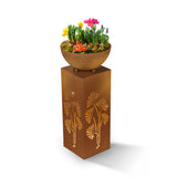 EASYmaxx LED-Dekosäule mit Pflanzschale - Rost-Optik, Ginkgo-Design, warmweiße LEDs, 59 cm, inklusive Batterien.