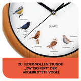 MAXXMEE Wanduhr mit Vogelstimmen - 25cm, klassisch mit naturgetreuen Vogelmotiven und originalen Vogelstimmen zu jeder vollen Stunde.