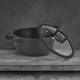 N8WERK Aluguss-Kochtopf 24 cm mit N8WERK Heat Indicator, 3-fach Ilag-Ultimate-Beschichtung und Glasdeckel, Midnight Edition.